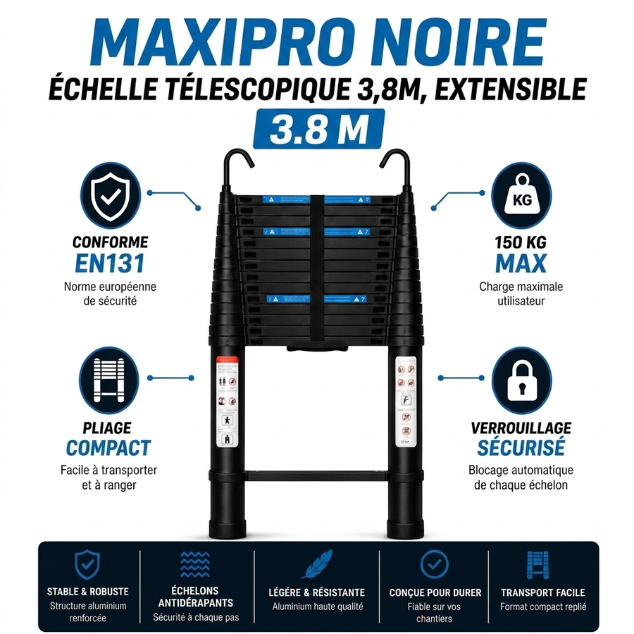 MaxiPro Noire Echelle Telescopique 3,8m, extensible