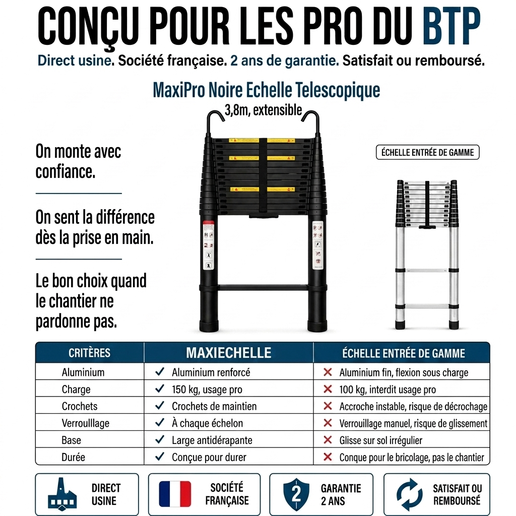MaxiPro Noire Echelle Télescopique 3,8m, extensible
