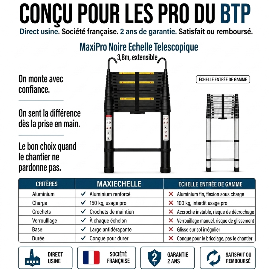 MaxiPro Noire Echelle Telescopique 3,8m, extensible